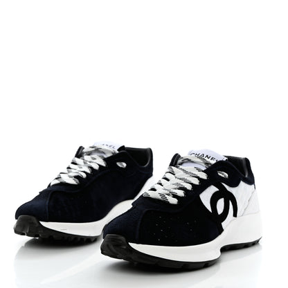 Chanel Suede Perforated Womens CC Sneakers 38.5 Navy White 3 of 10