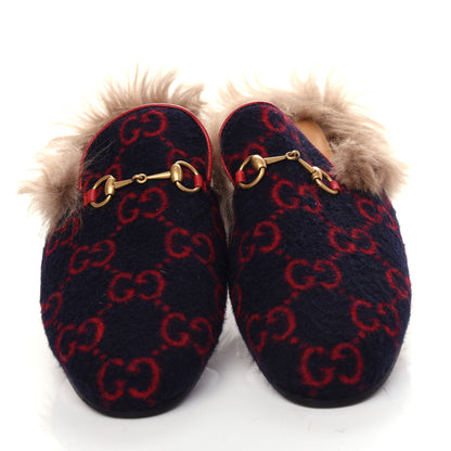 Gucci Covered Wool Big GG Monogram Fur Womens Princetown Slippers 39 Blue Red Butterscotch 5 of 11