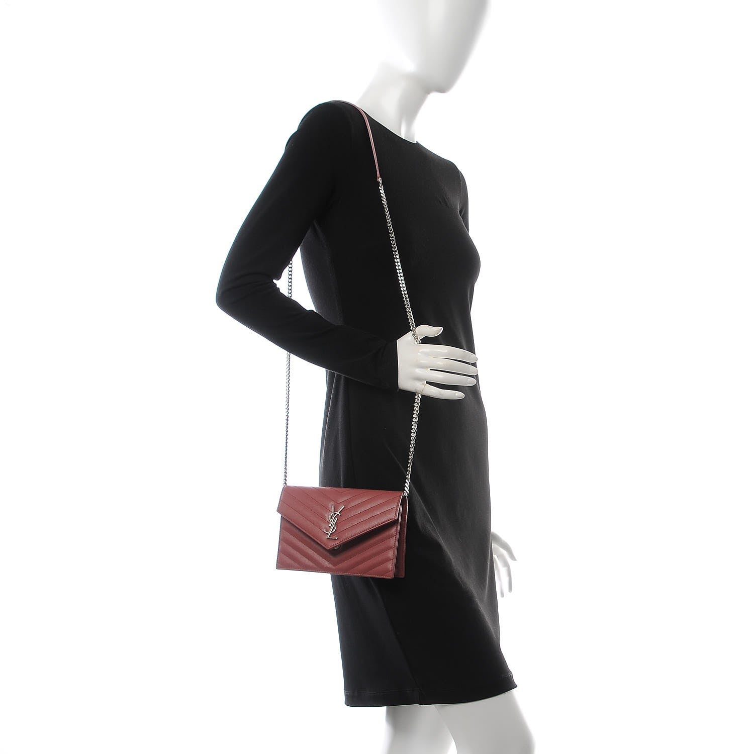 Saint Laurent Grain De Poudre Matelasse Chevron Monogram Envelope Chain Wallet Blush Fonce 2 of 7