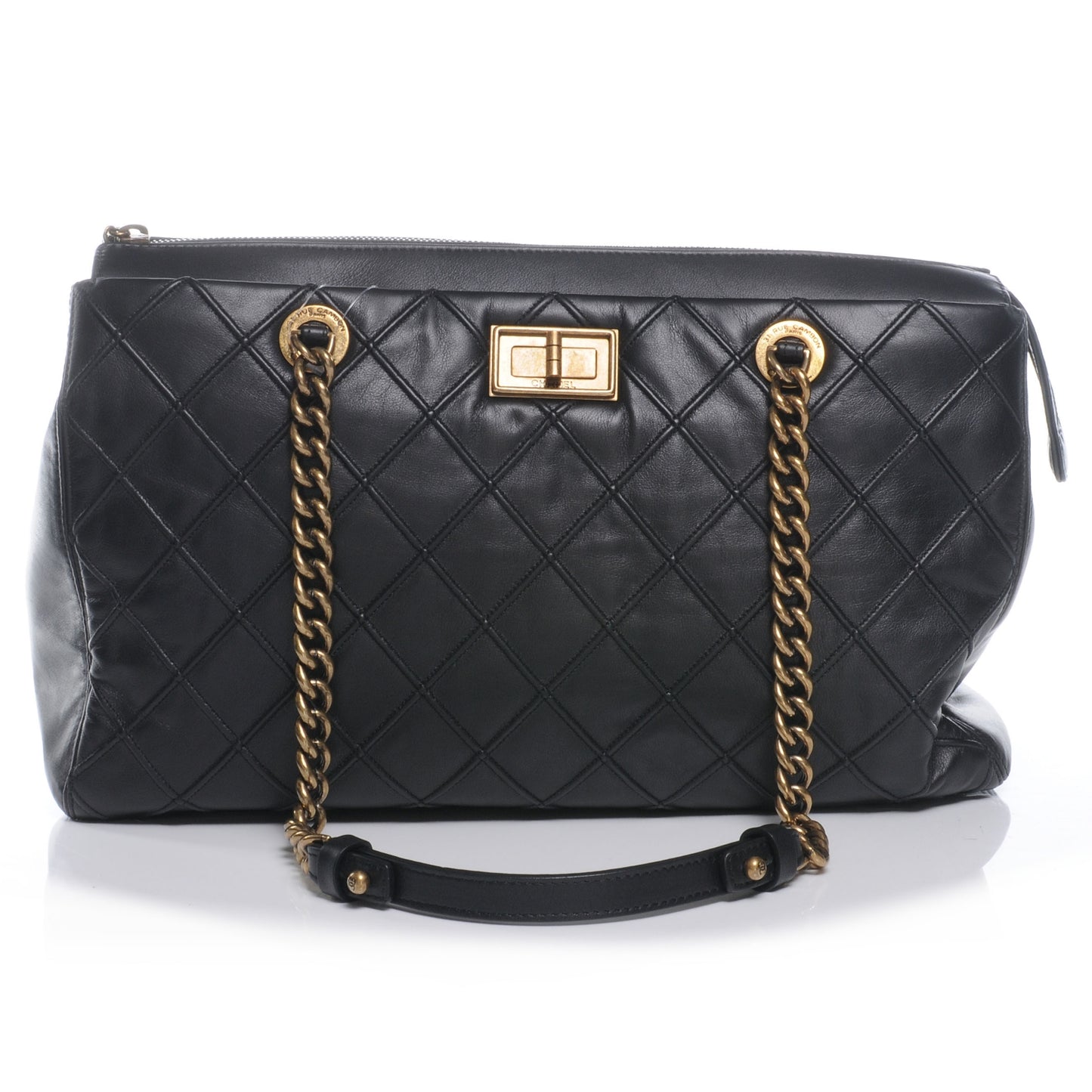 Calfskin Diamond Debossed Large Cosmos Zip Tote Black