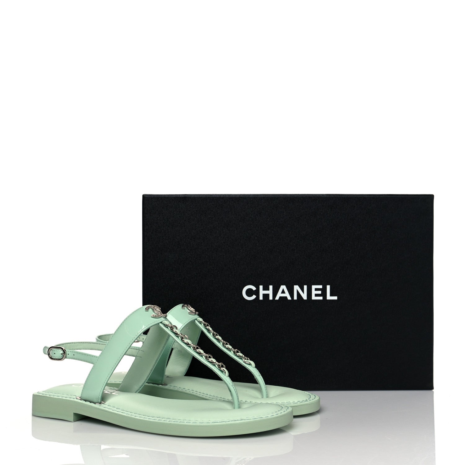 Chanel Lambskin Patent Chain CC Logo Thong Flat Sandals 36 Green 9 of 9