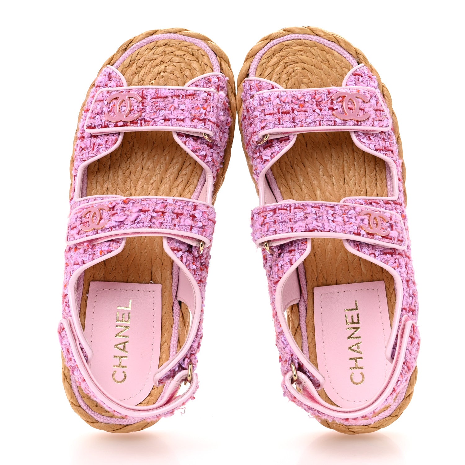 Chanel Tweed Patent Calfskin Velcro Dad Sandals 41 Light Purple Pink Red 2 of 9