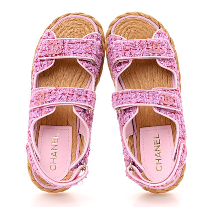 Chanel Tweed Patent Calfskin Velcro Dad Sandals 41 Light Purple Pink Red 2 of 9