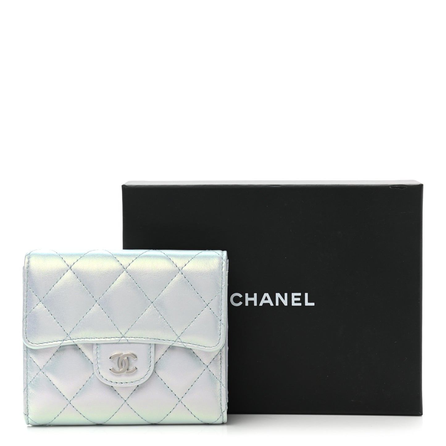 Iridescent Calfskin Quilted Compact Flap Wallet Light Blue