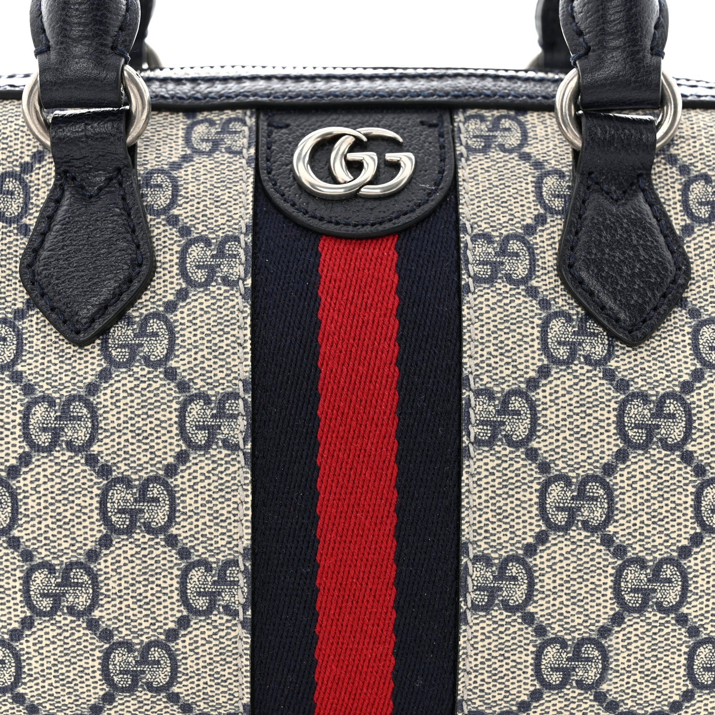 GG Supreme Monogram Textured Dollar Calfskin Web Mini Ophidia Top Handle Bag Beige Blue