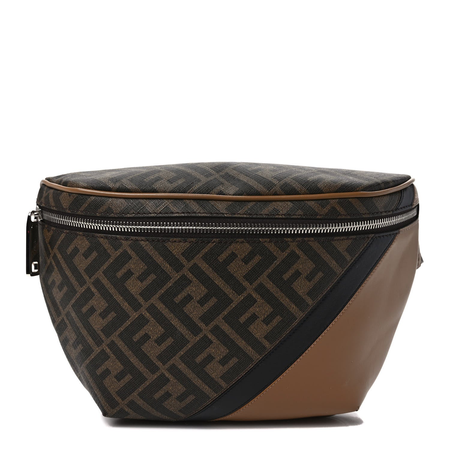 Fendi Glazed Fabric Vitello Cover FF 1974 Diagonal Bi-Color Belt Bag Tobacco Moro Sand Black 1 of 8