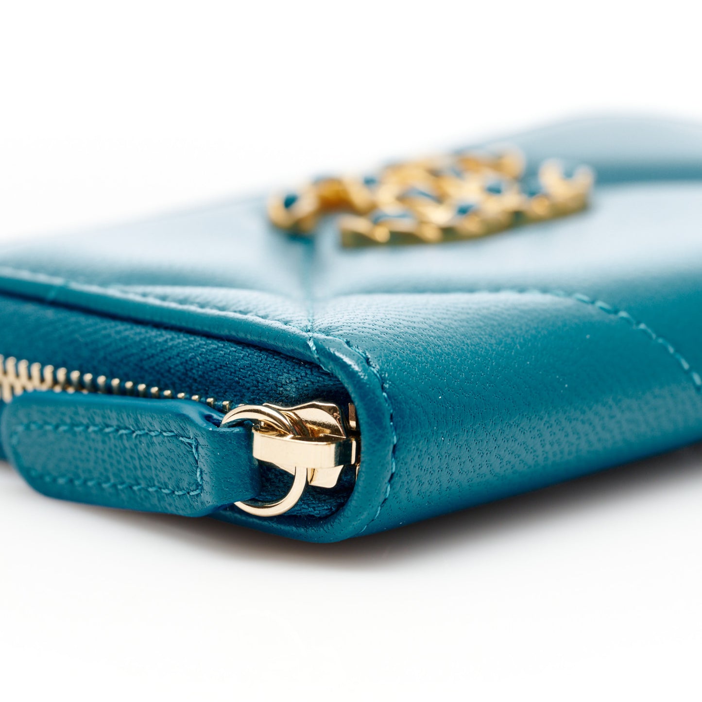 Lambskin Quilted Chanel 19 Zip Around Coin Purse Wallet Turquoise