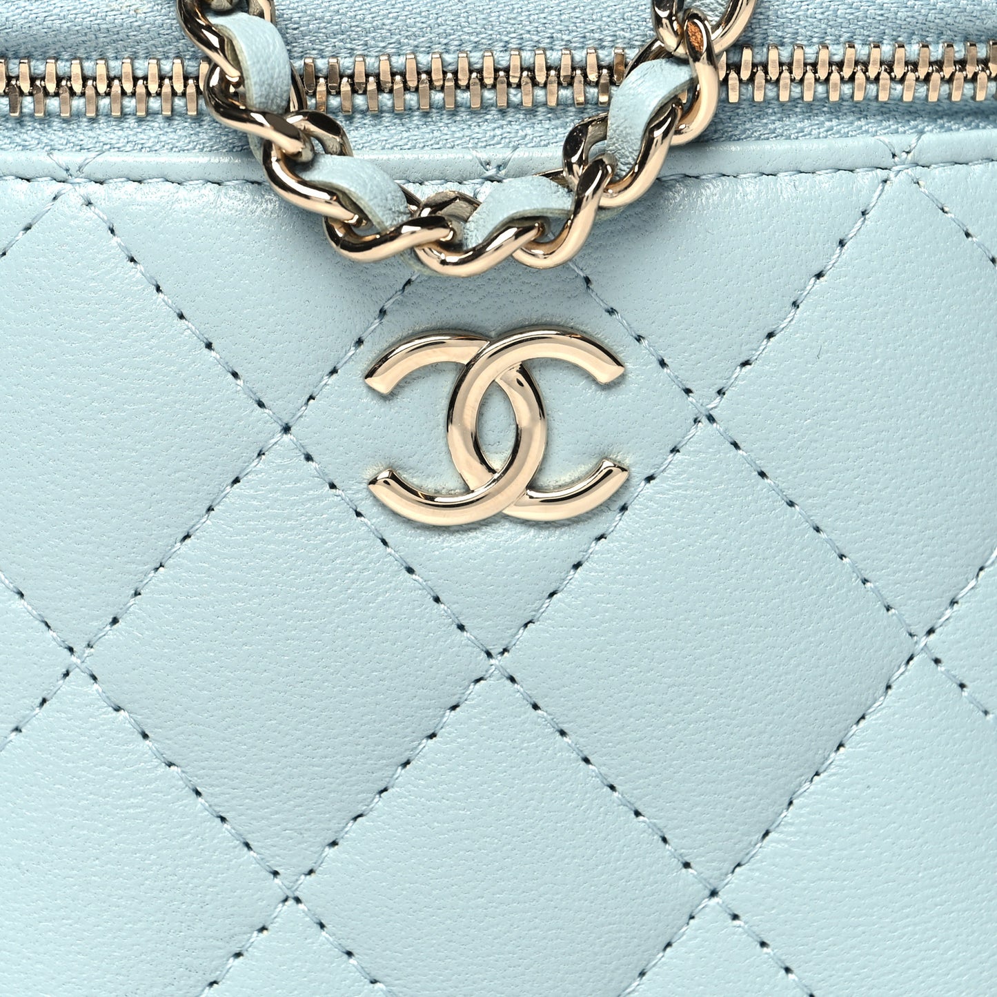 Lambskin Quilted Top Handle Mini Vanity Case With Chain Light Blue