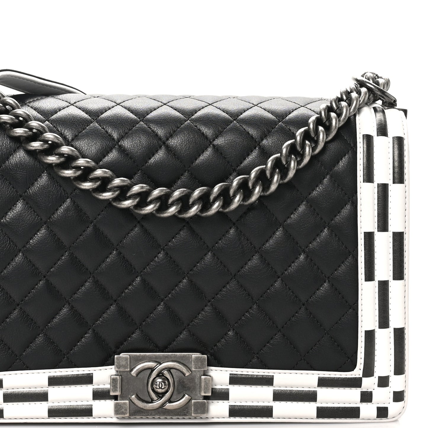 Calfskin Quilted Checkerboard Trim New Medium Boy Flap Black White