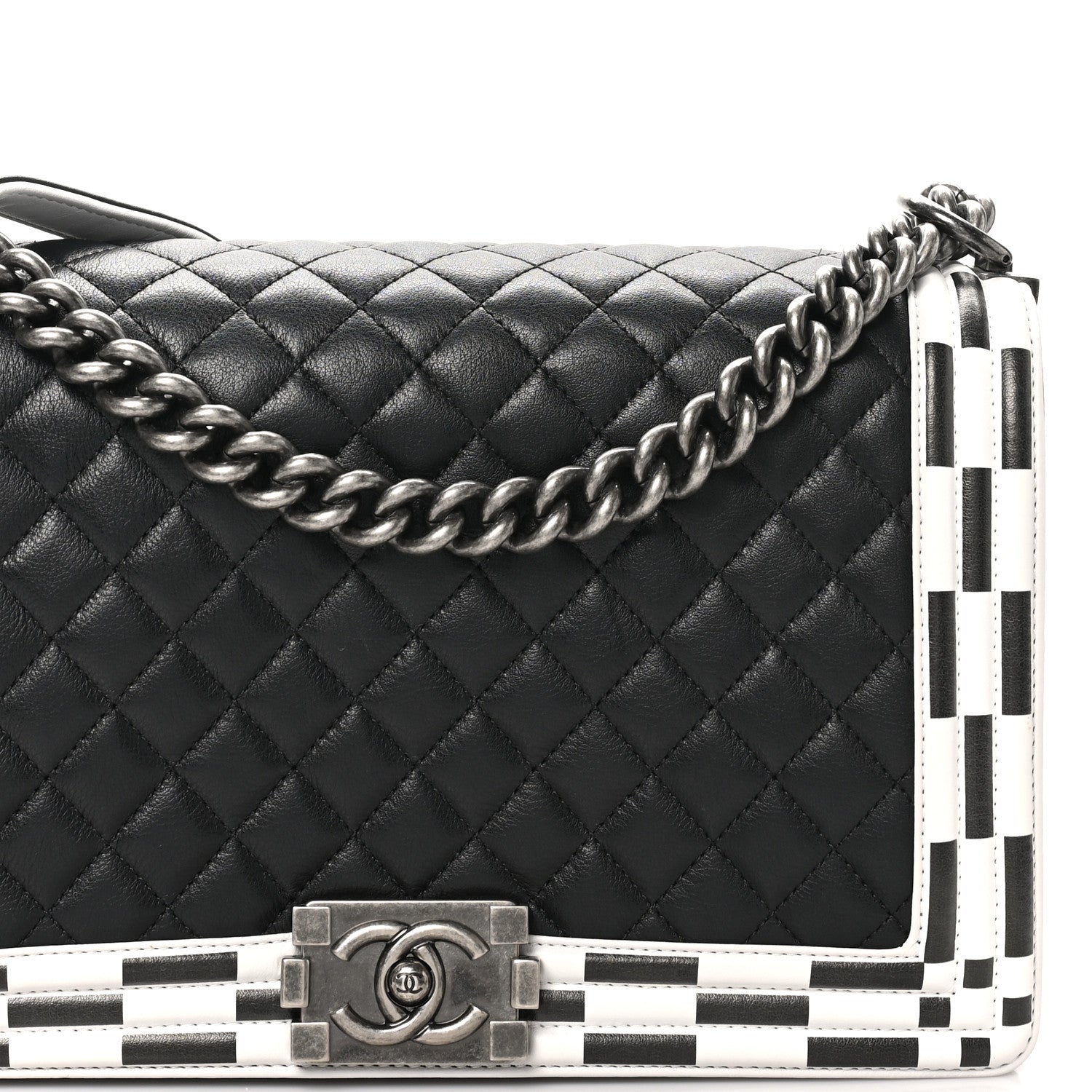 Chanel Calfskin Quilted Checkerboard Trim New Medium Boy Flap Black White 8 of 11