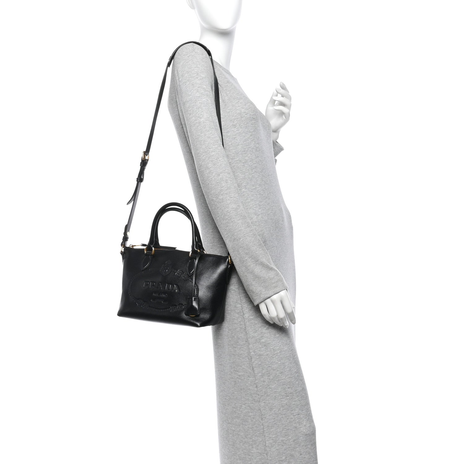 Prada Glace Calfskin Embossed Logo Tote Black 2 of 11