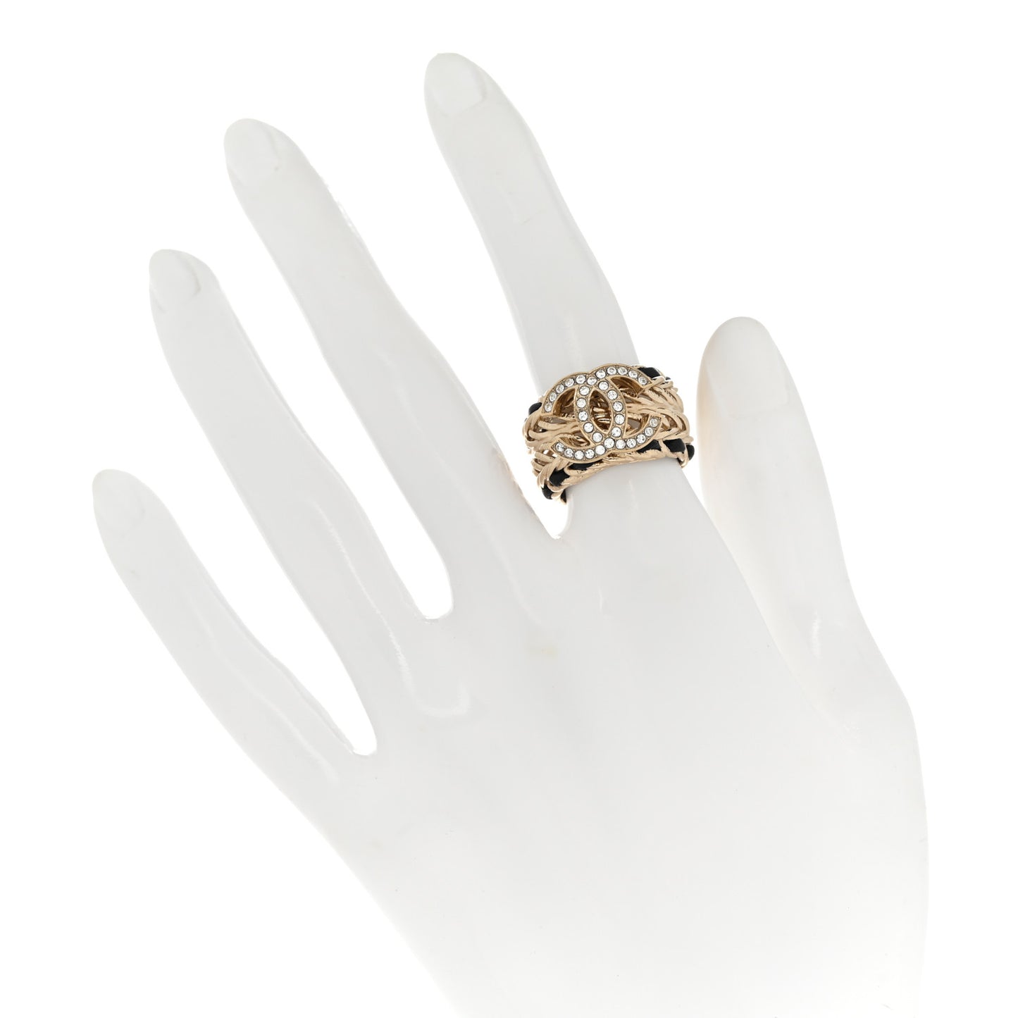 Metal Crystal Lambskin CC Ring 49 5 Gold Black