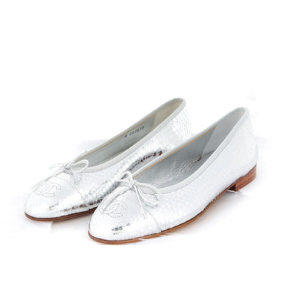 Chanel Mirror Effect Python Cap Toe CC Ballerina Flats 37 Silver 3 of 7