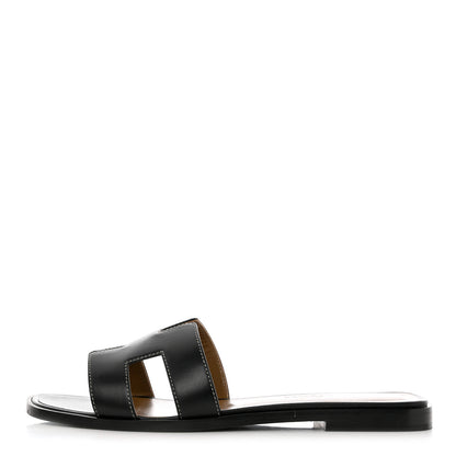 Hermes Box Calfskin Oran Sandals 37.5 Black 1 of 9