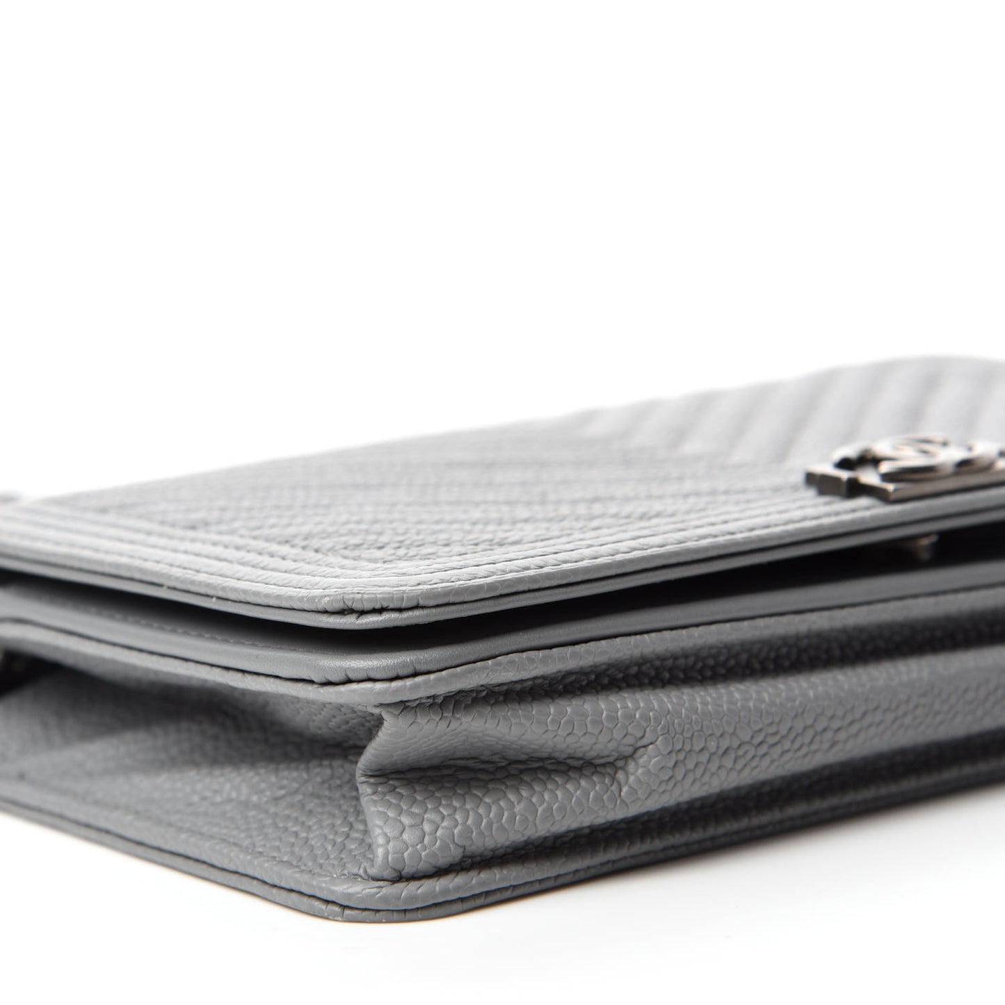 Caviar Chevron Quilted Boy Wallet On Chain WOC Grey