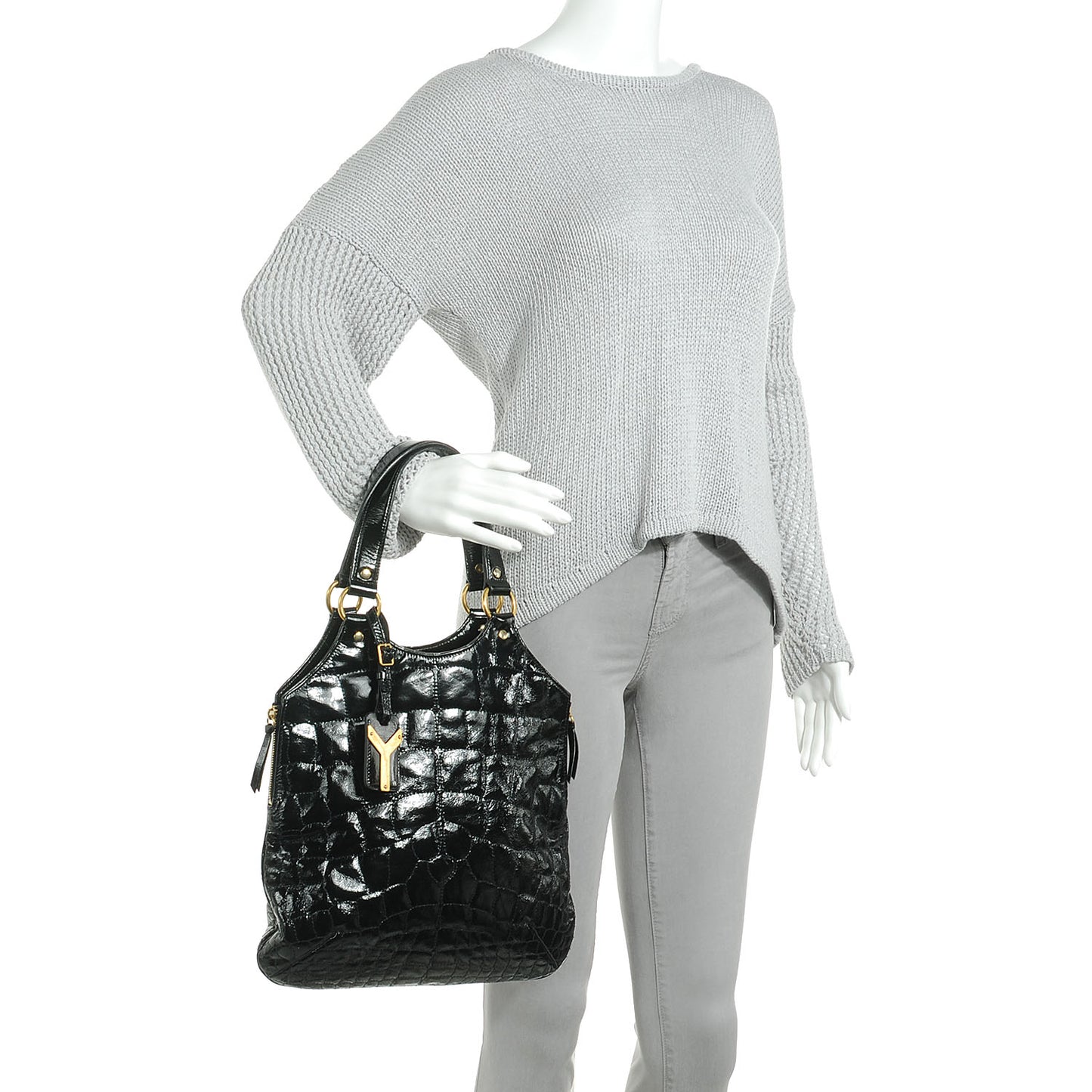 Patent Crocodile Embossed Tribute Tote Black