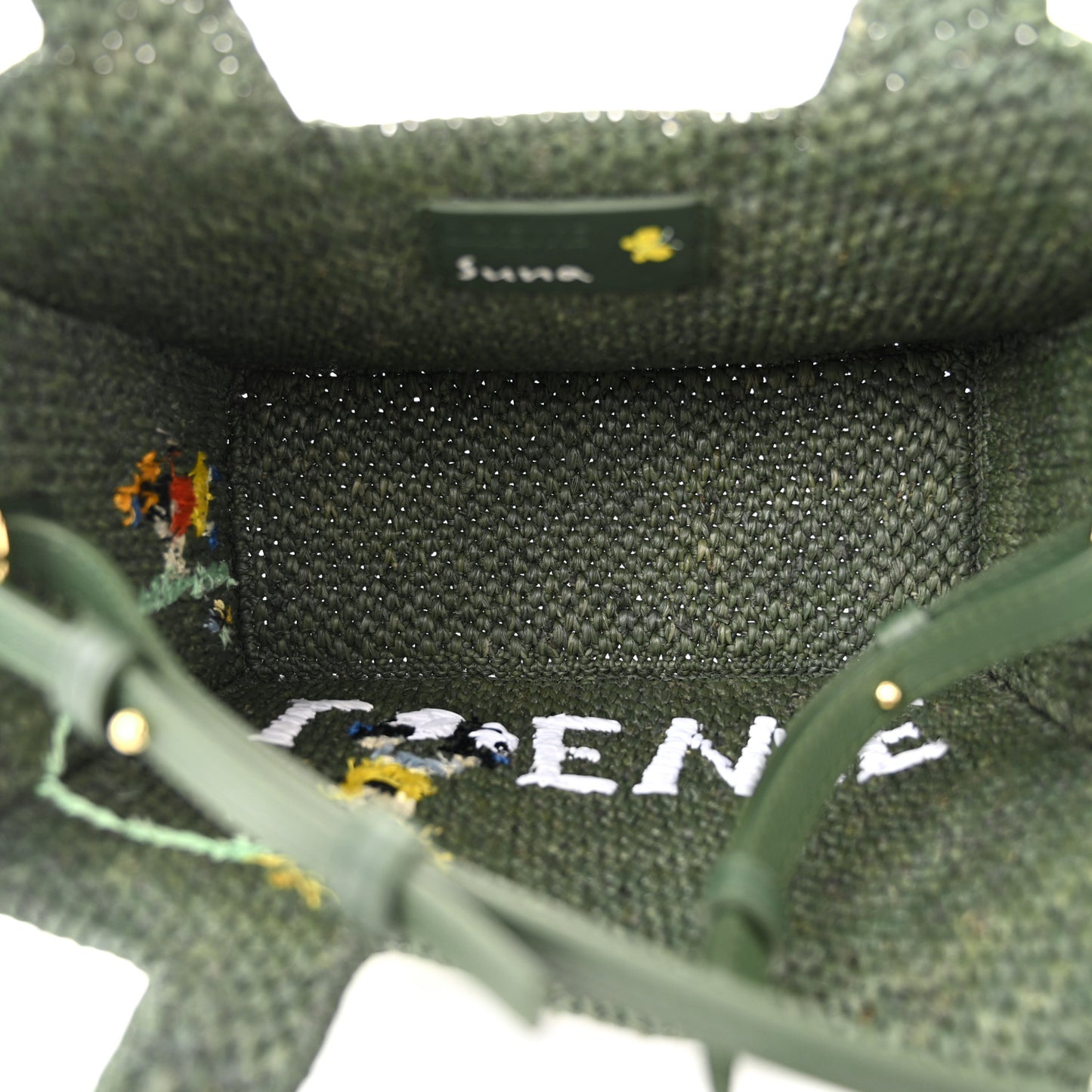 X SUNA FUJITA Raffia Small Font Tote Bottle Green