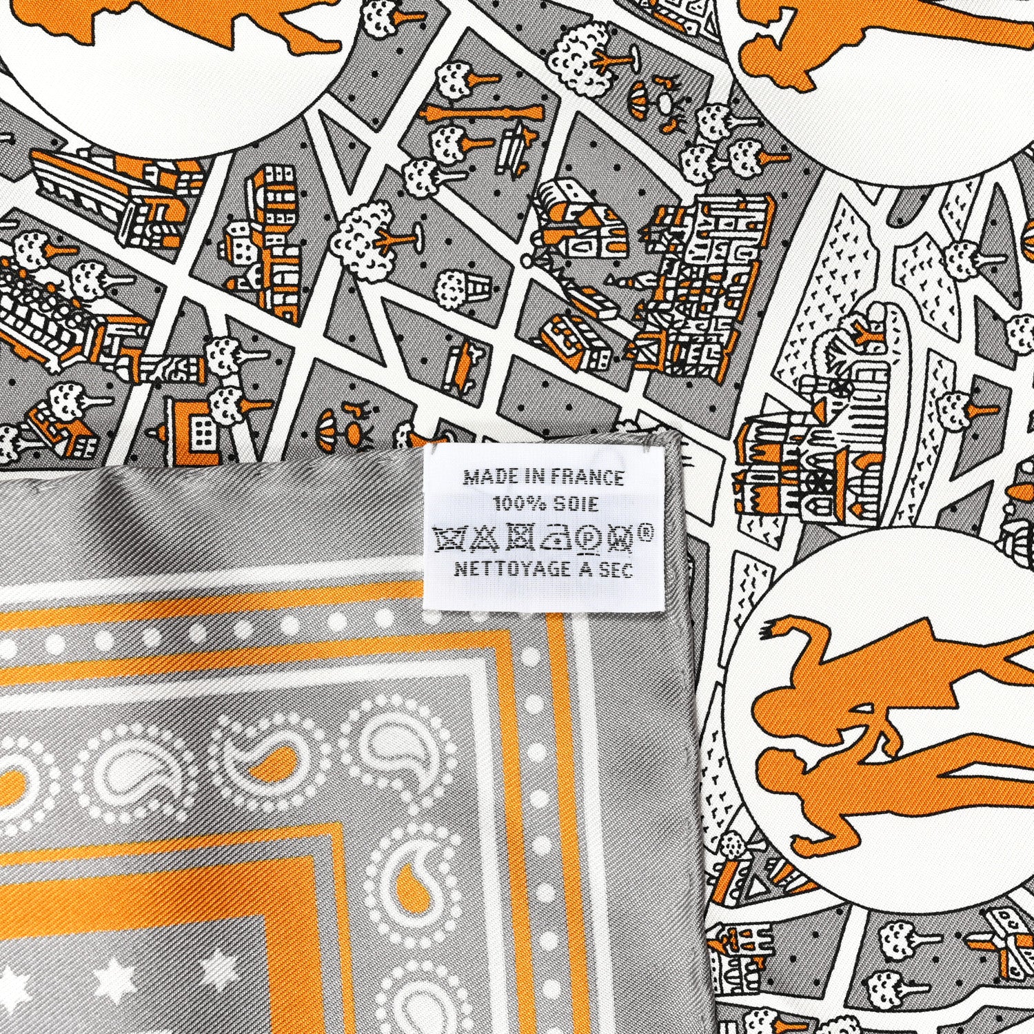 Hermes Silk Les Nouveaux Amoureux de Paris Bandana Scarf 55 Gris White Caramel 4 of 4