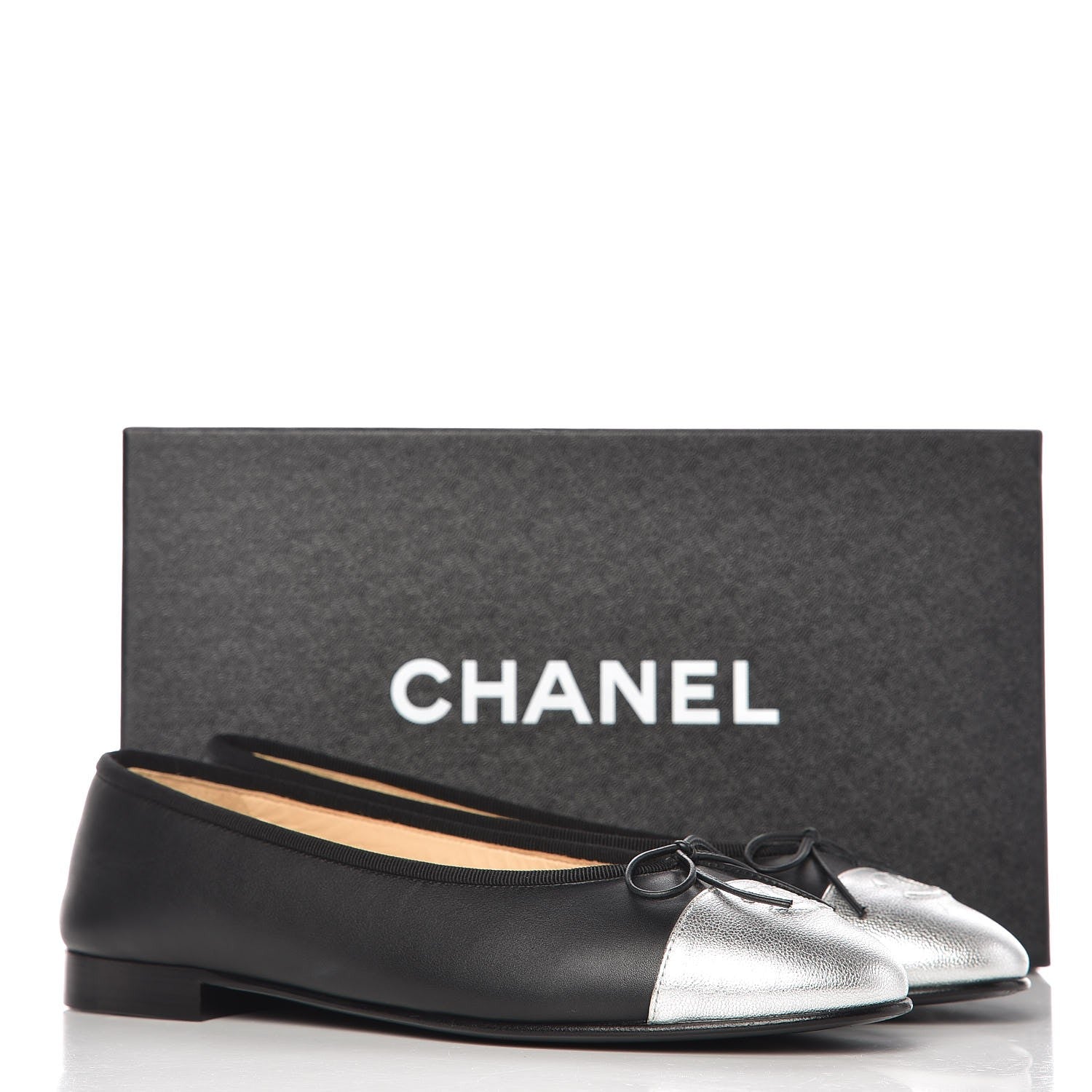 Chanel Calfskin Metallic Goatskin CC Cap Toe Ballerina Flats 39 Black Silver 11 of 11