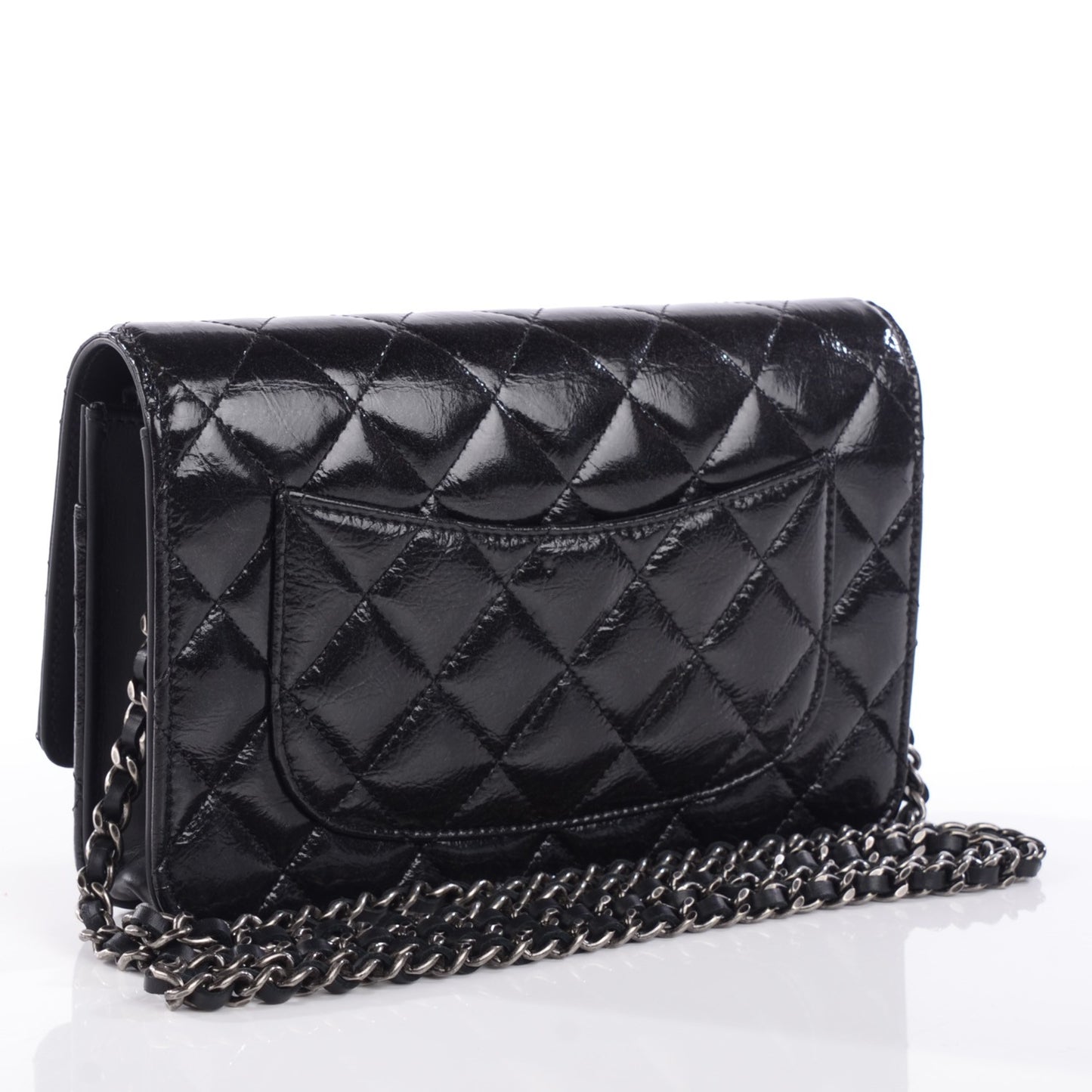 Distressed Patent Calfskin Quilted Reissue Wallet On Chain WOC Black
