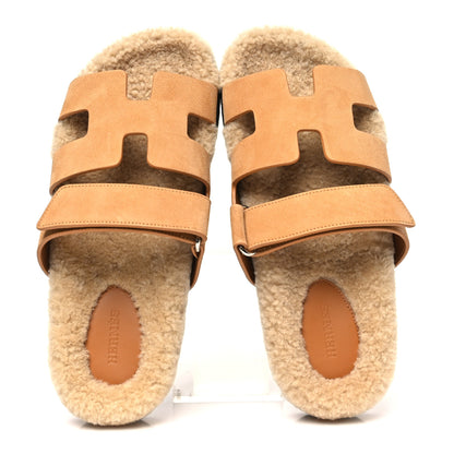 Hermes Suede Goatskin Woolskin Womens Chypre Sandals 39 Golden Beige 2 of 10