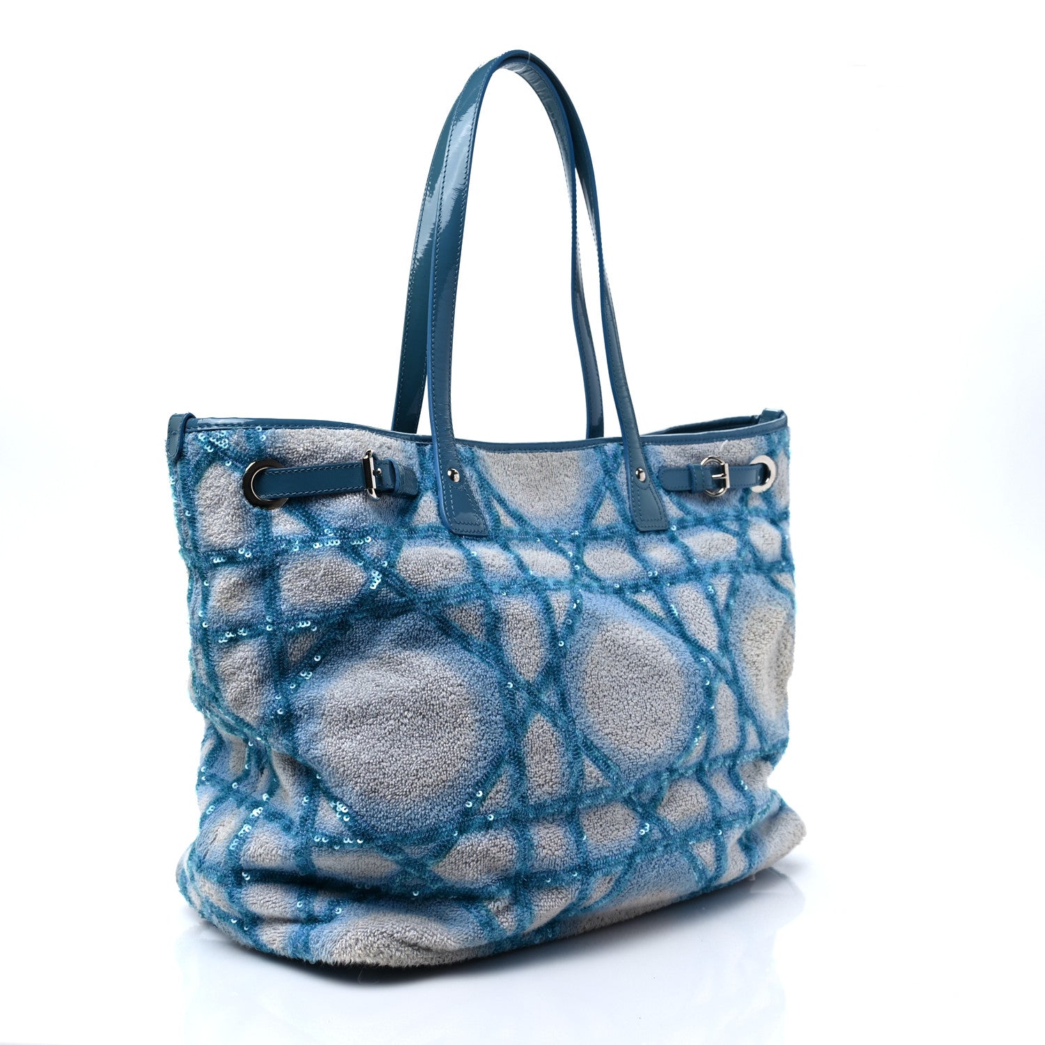 Christian Dior Canvas Patent Cannage Medium Panarea Tote White Blue 3 of 7