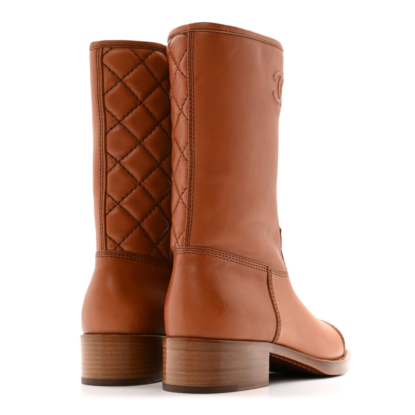 Calfskin CC Logo Mid Calf Boots 37 Caramel