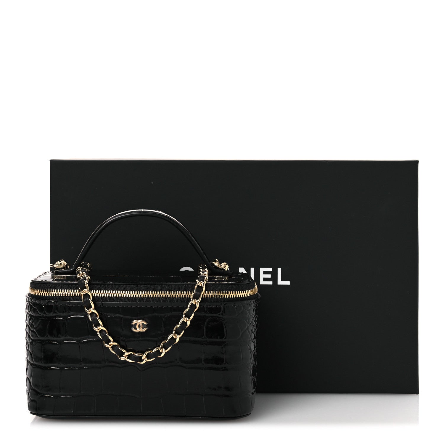 Chanel Calfskin Crocodile Embossed Crococo Small Top Handle Vanity Case With Chain Black 14 of 14