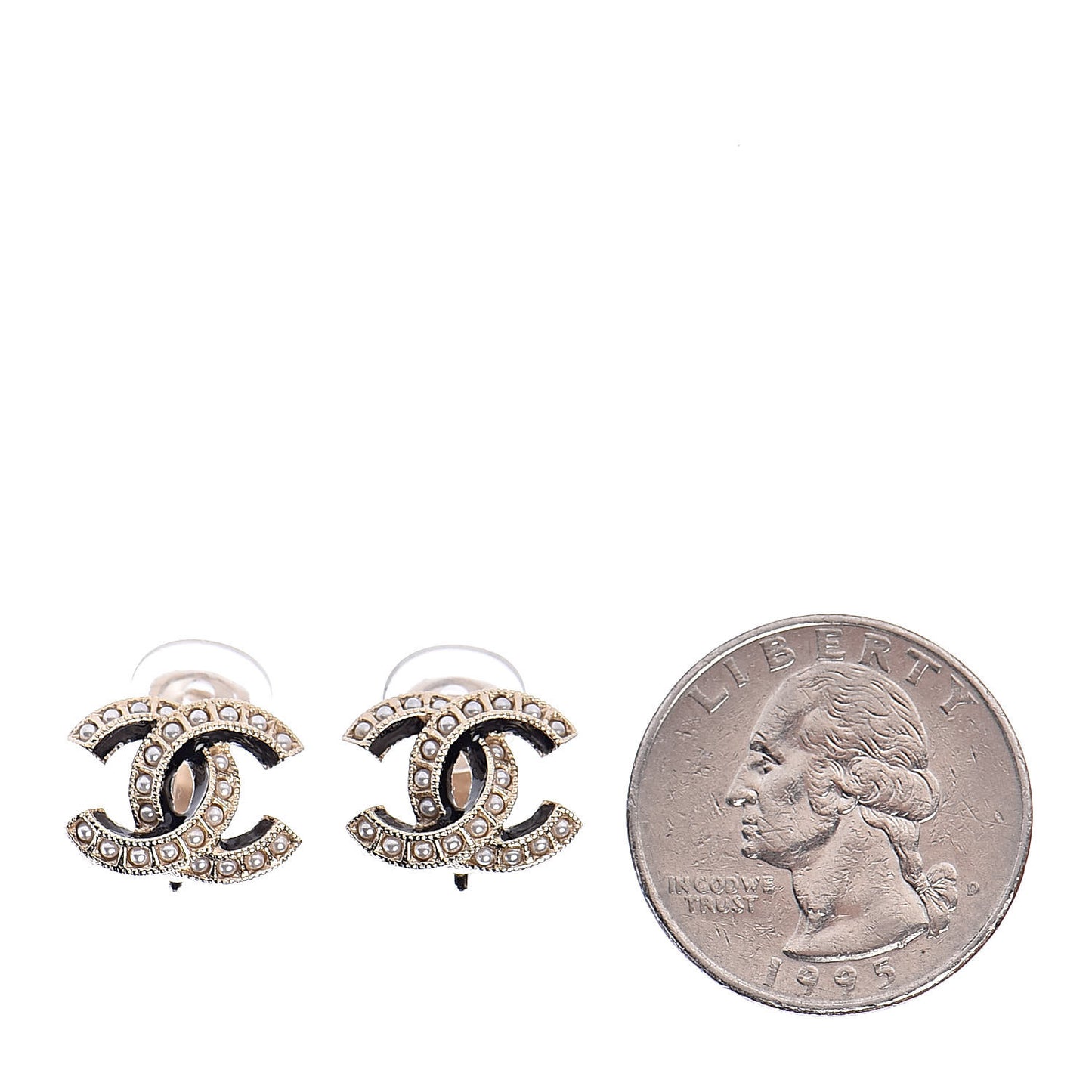 Metal Pearl Enamel CC Clip On Earrings Gold Black