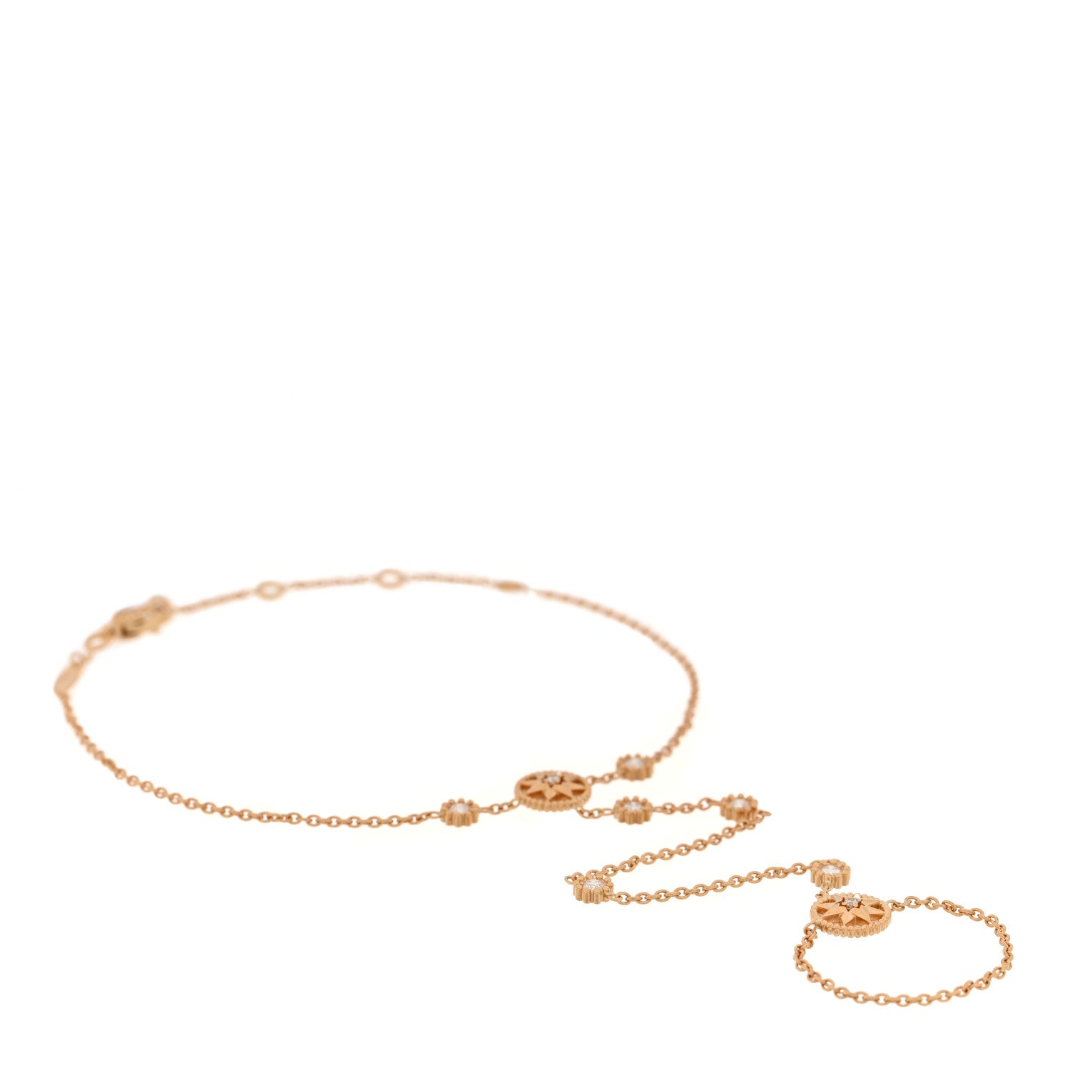 Christian Dior 18K Yellow Gold Diamond Mother of Pearl Rose Des Vents Hand Jewel Bracelet 1 of 4