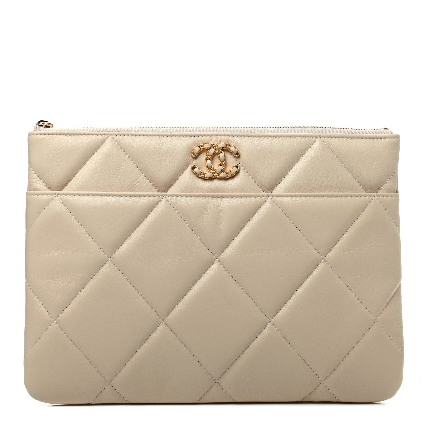 Chanel Shiny Goatskin Quilted Chanel 19 Pouch Beige 1 of 8