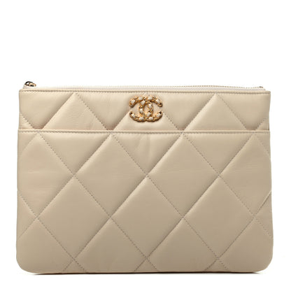 Chanel Shiny Goatskin Quilted Chanel 19 Pouch Beige 1 of 8