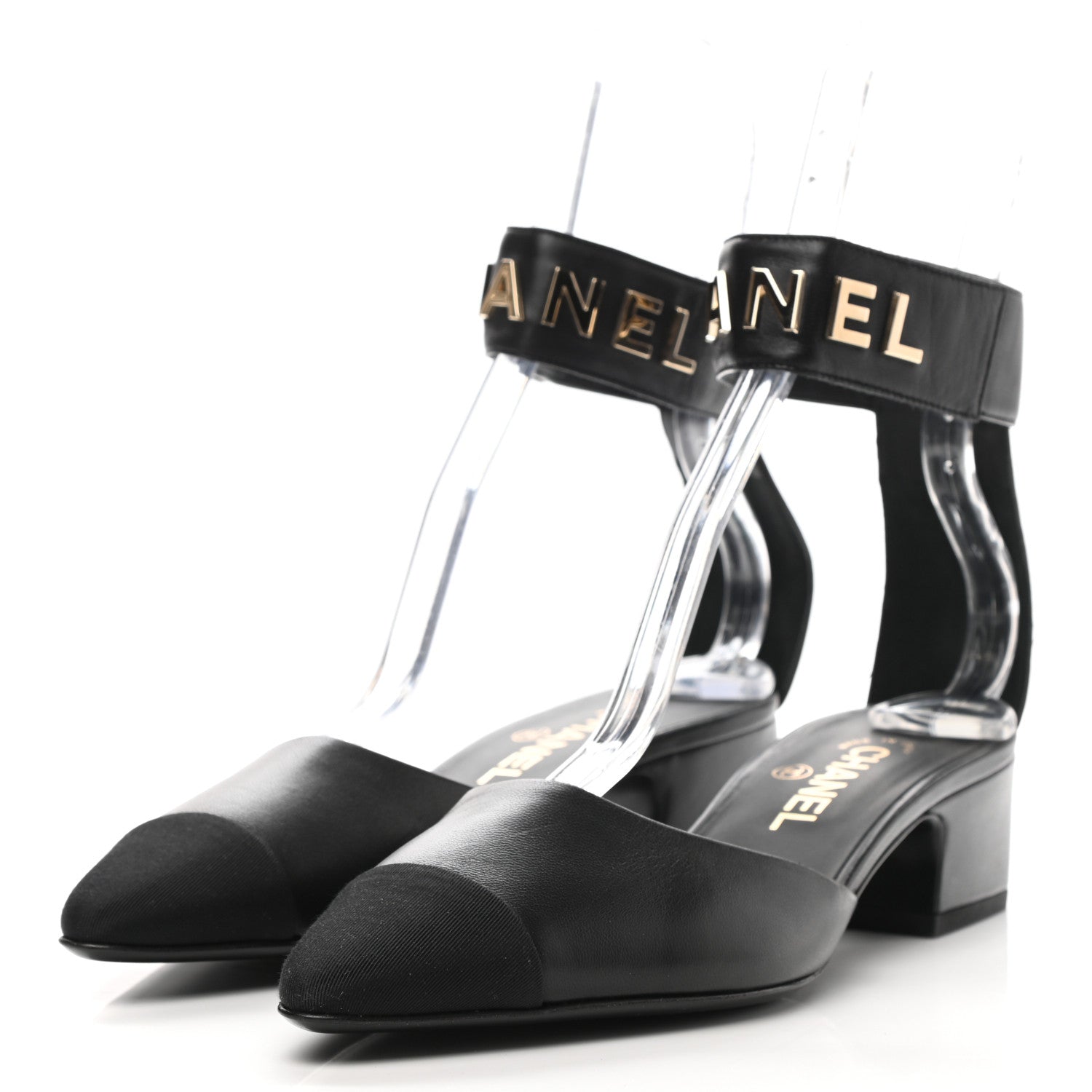 Chanel Lambskin Grosgrain Cap Toe Logo Ankle Strap Pumps 39 Black 3 of 9