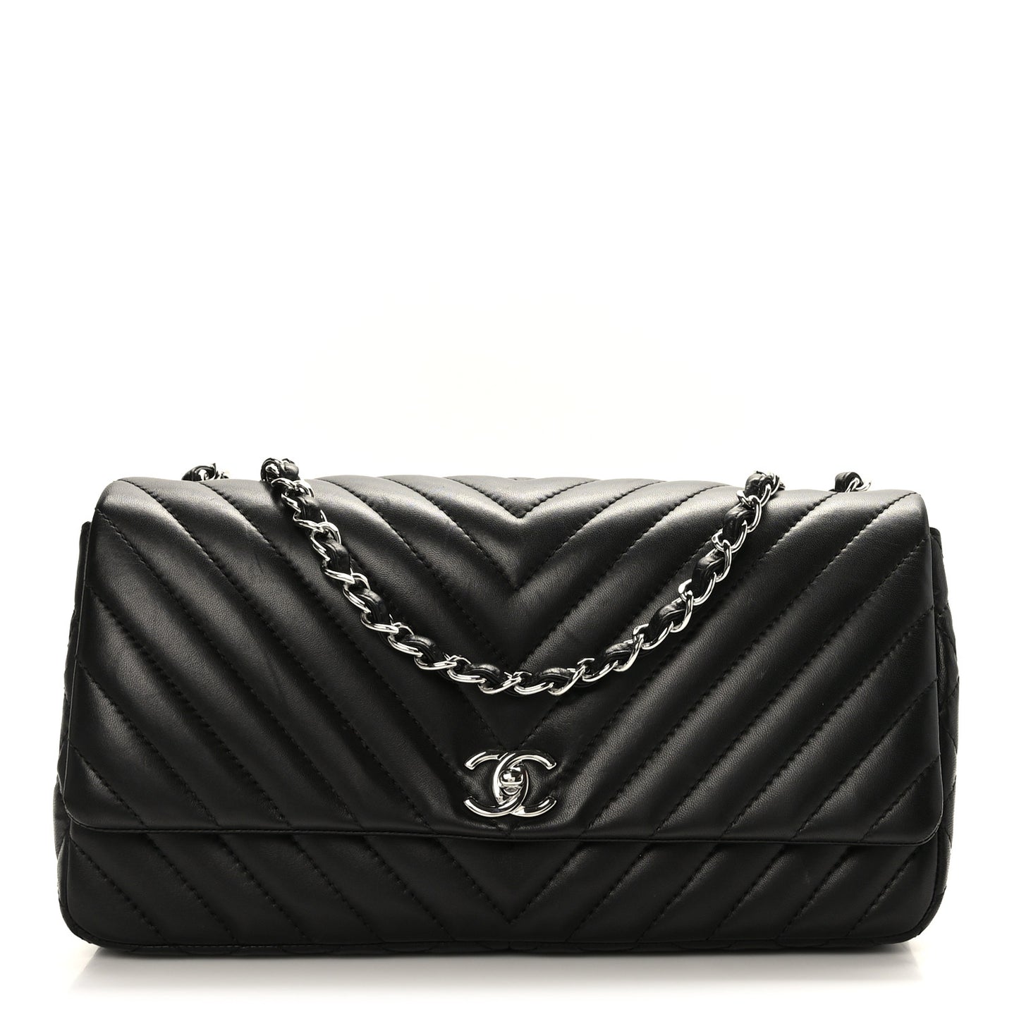 Lambskin Chevron Quilted Large Single Flap Black