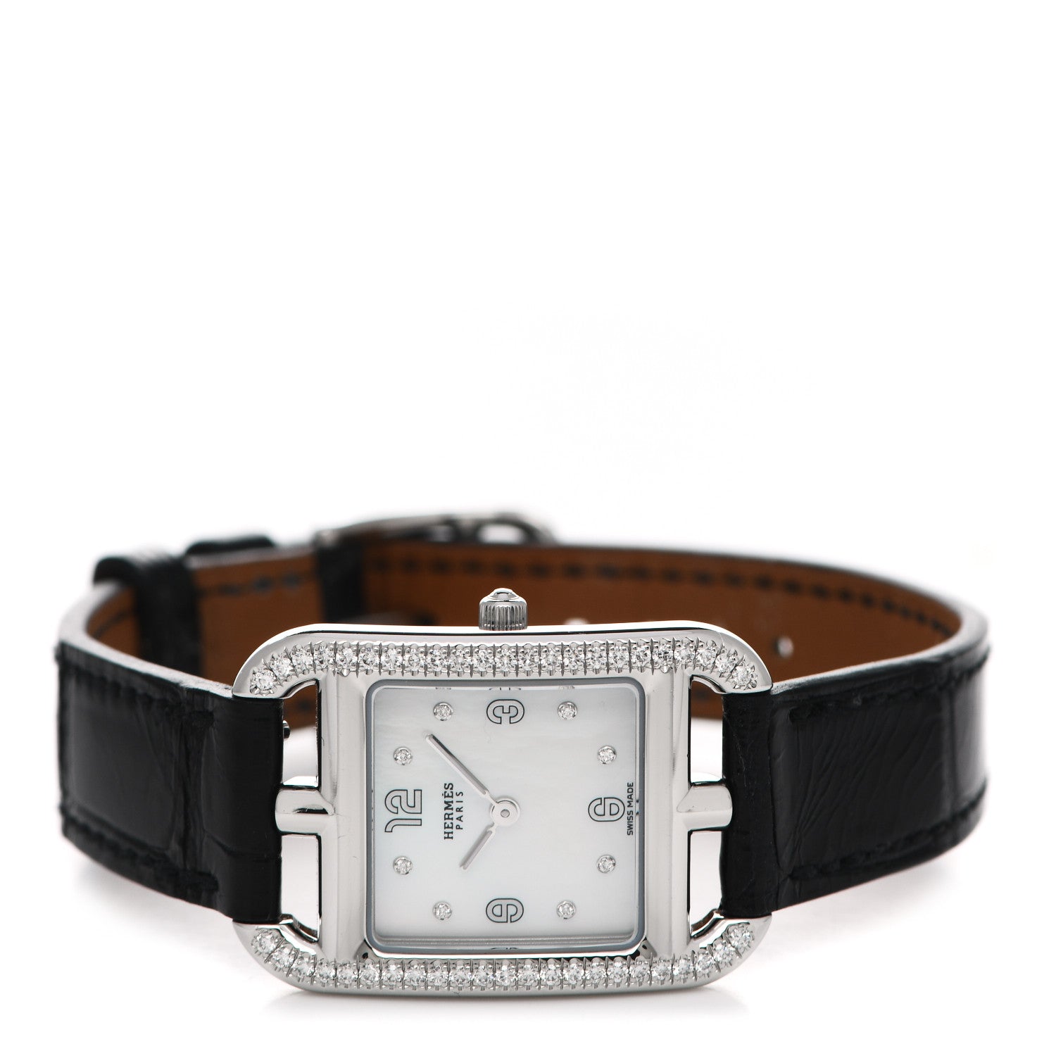 Hermes Stainless Steel Alligator Diamond Bezel Mother of Pearl 23mm Cape Cod Quartz Watch Noir 2 of 5
