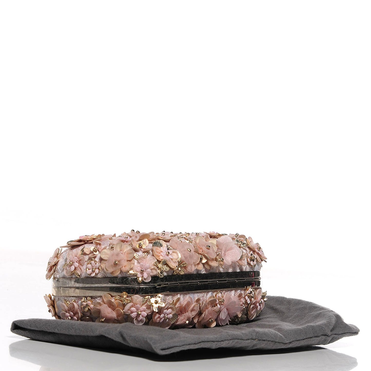 Flower Appliqued Silk Brocade Skull Box Clutch Pink