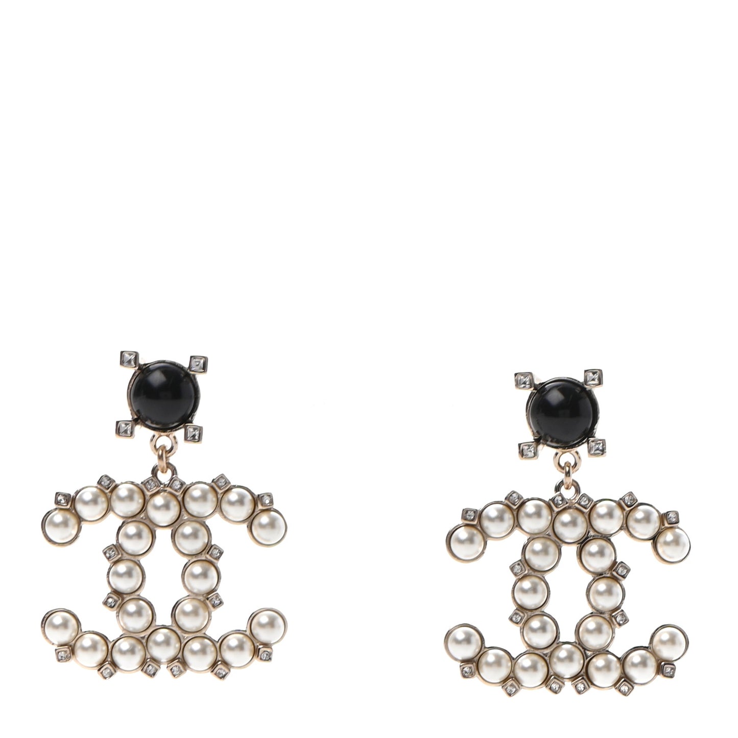 Resin Crystal Pearl CC Drop Earrings Black Gold