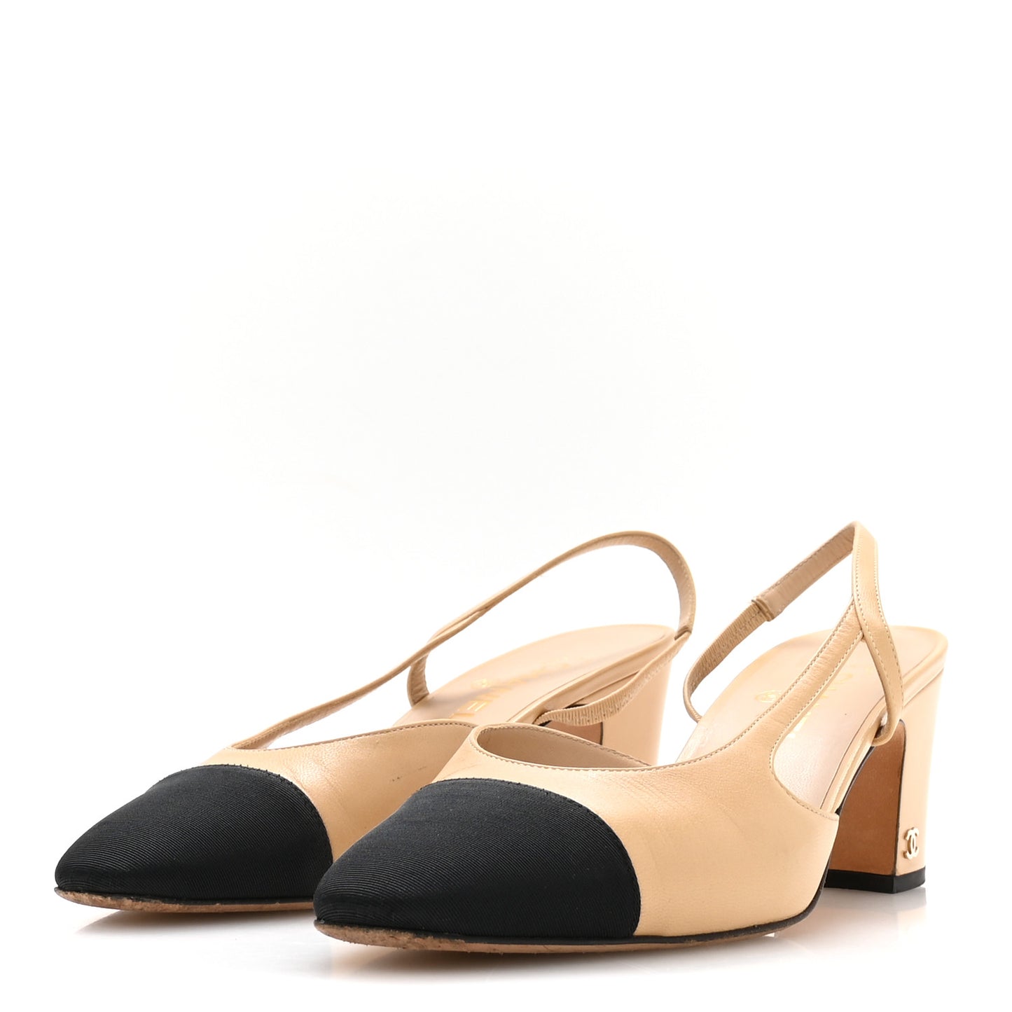 Goatskin Grosgrain Cap Toe CC Slingback Pumps 40.5 Beige Black