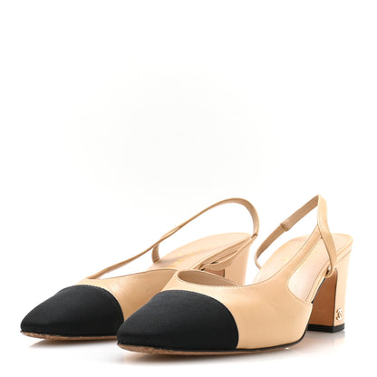 Chanel Goatskin Grosgrain Cap Toe CC Slingback Pumps 40.5 Beige Black 4 of 8