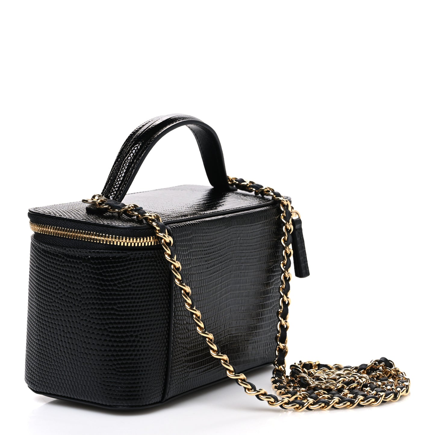 Calfskin Lizard Embossed Top Handle Vanity With Chain Black