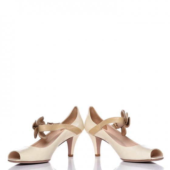 Vitello Shine Lambskin Floral Mary Janes Heels 38.5 Ivory