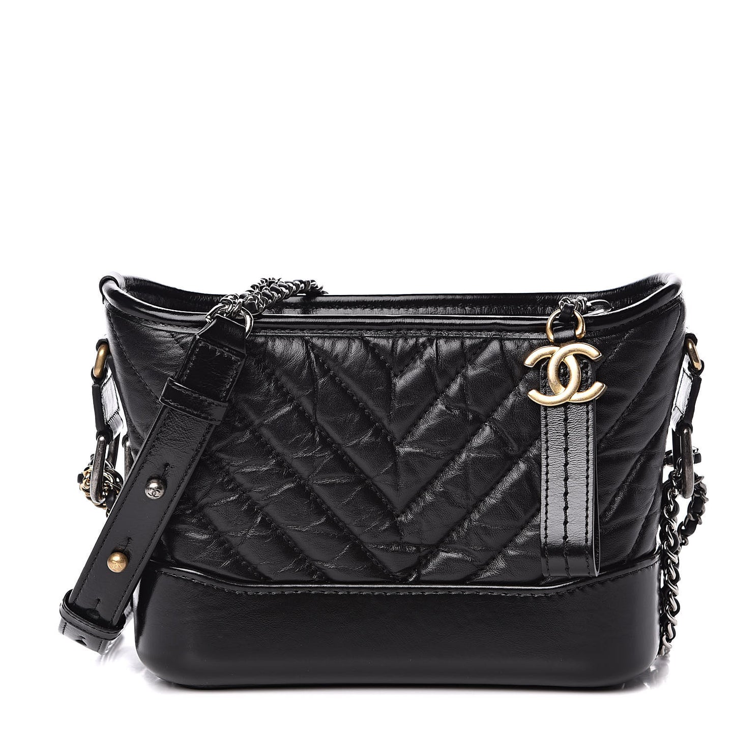Aged Calfskin Chevron Quilted Small Gabrielle Hobo Black