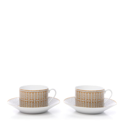 Hermes Porcelain Mosaique Au 24 Gold Tea Cup And Saucer Set Of 2 1 of 12