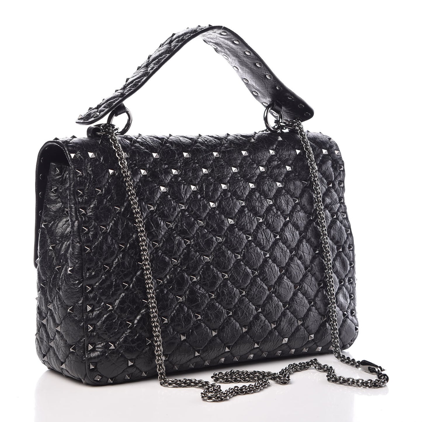 Craquele Nappa Large Rockstud Spike Shoulder Bag Black