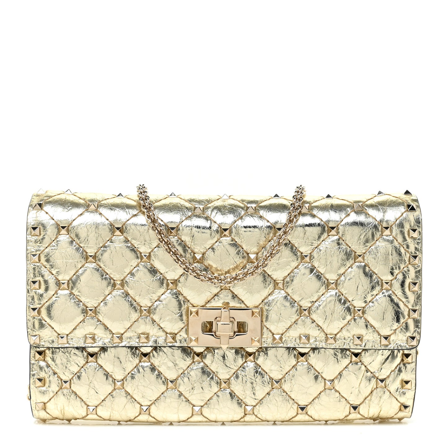 Metallic Wrinkled Lambskin Rockstud Spike Wallet on Chain Mekong