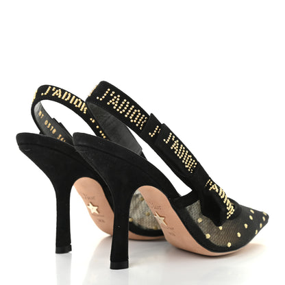 Christian Dior Mesh Plumetis Suede Dotted Studded J'Adoir Slingback 100mm Pumps 36.5 Black Gold 4 of 8