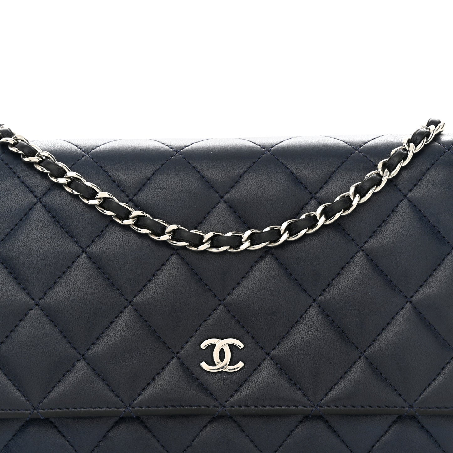 Lambskin Quilted Wallet On Chain WOC Navy Blue