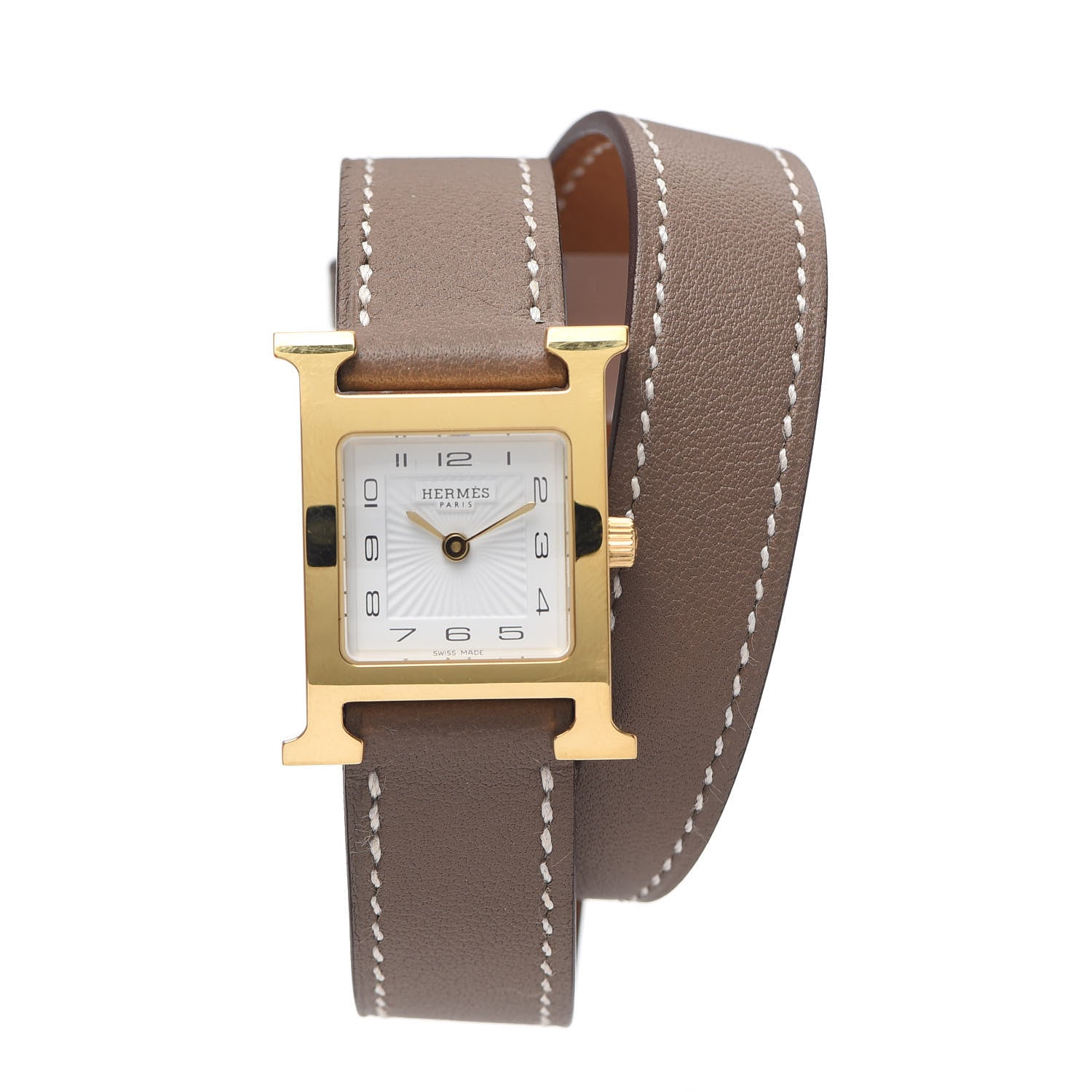 Hermes Stainless Steel Swift 21mm Heure H Hour Double Tour Quartz Watch Etoupe 1 of 5