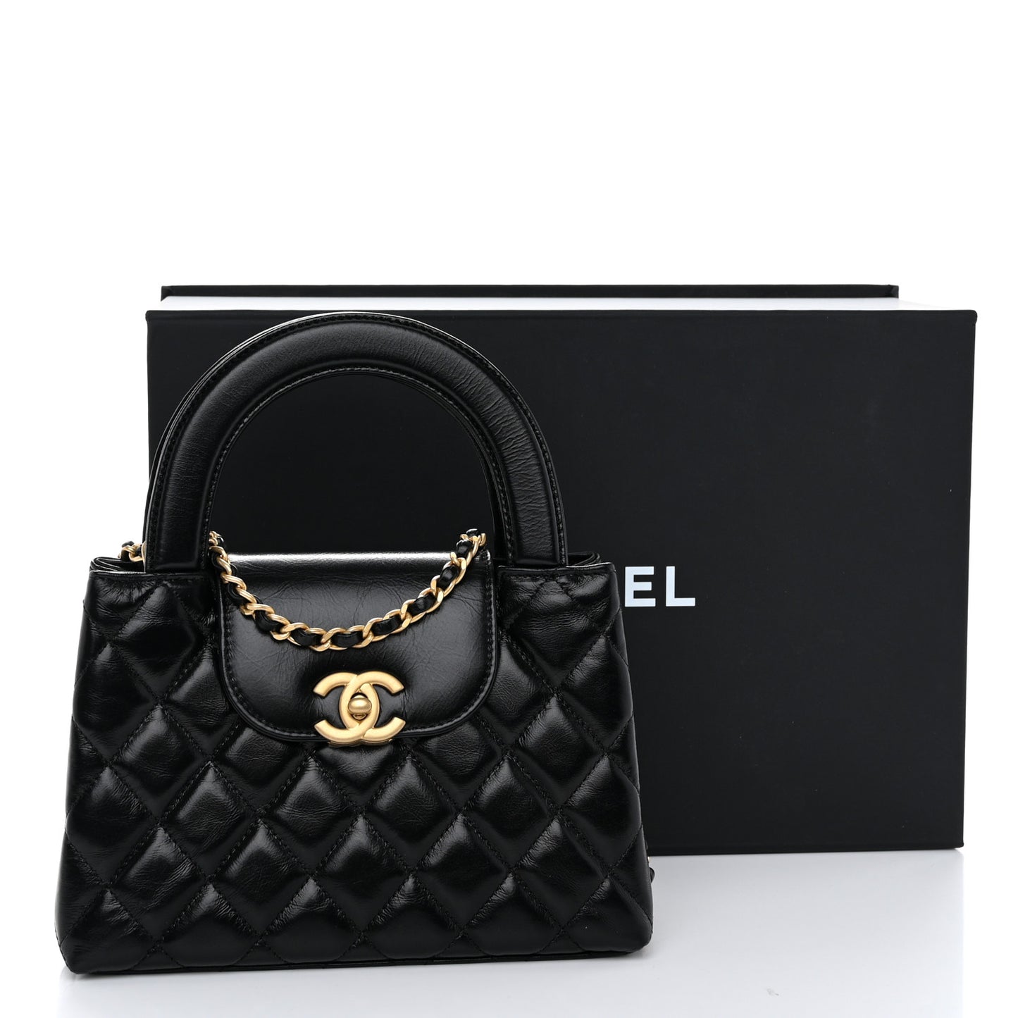 Shiny Aged Calfskin Quilted Nano Kelly Shopper Black