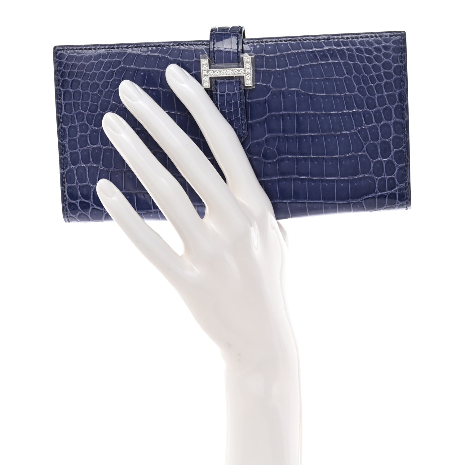Hermes Shiny Porosus Crocodile 18K White Gold Diamond Bearn Wallet Bleu Ciel 2 of 11